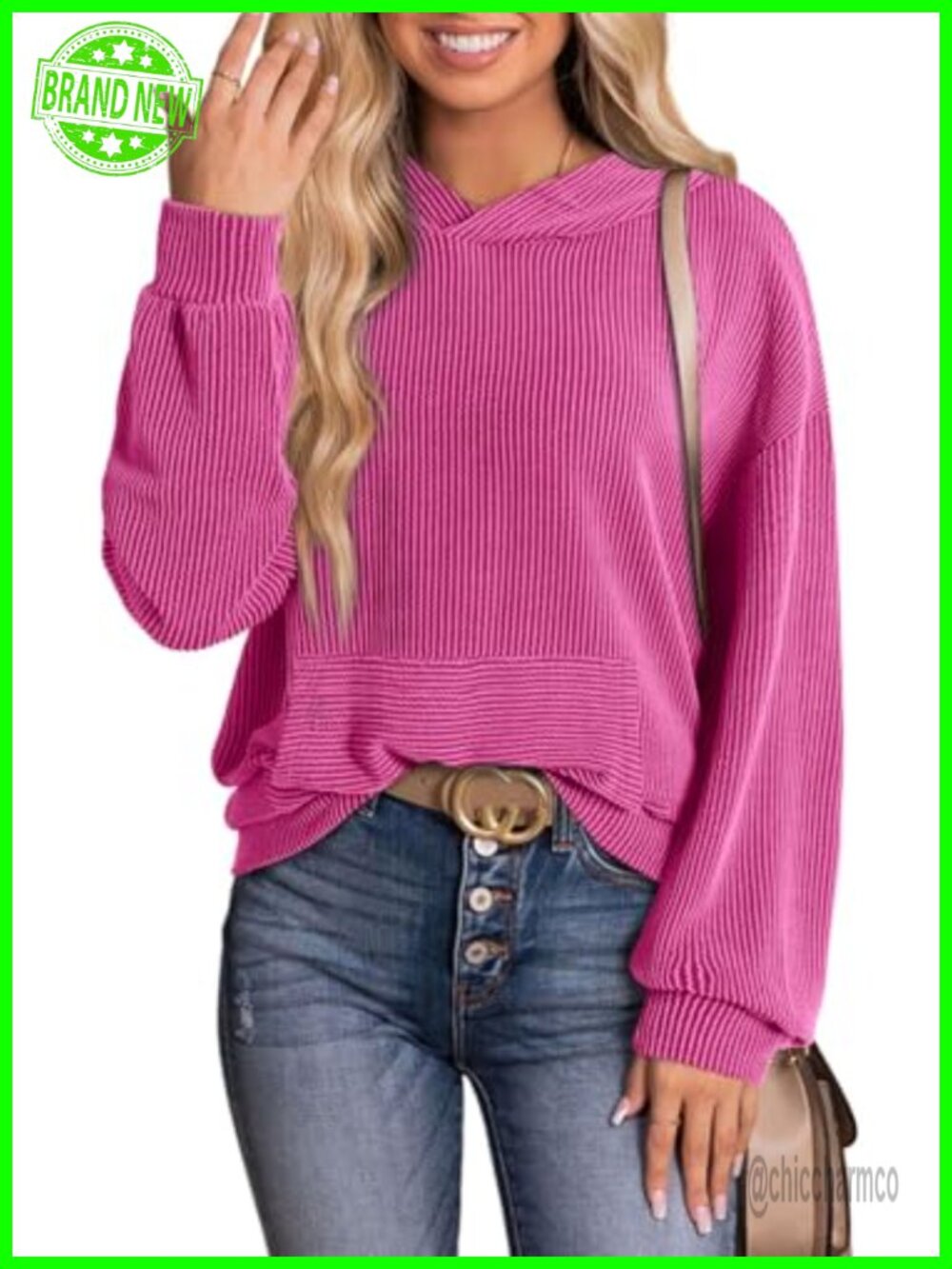 Oversized Ribbed Knit Hoodie Long Sleeve Pullover Sweatshirt Casual